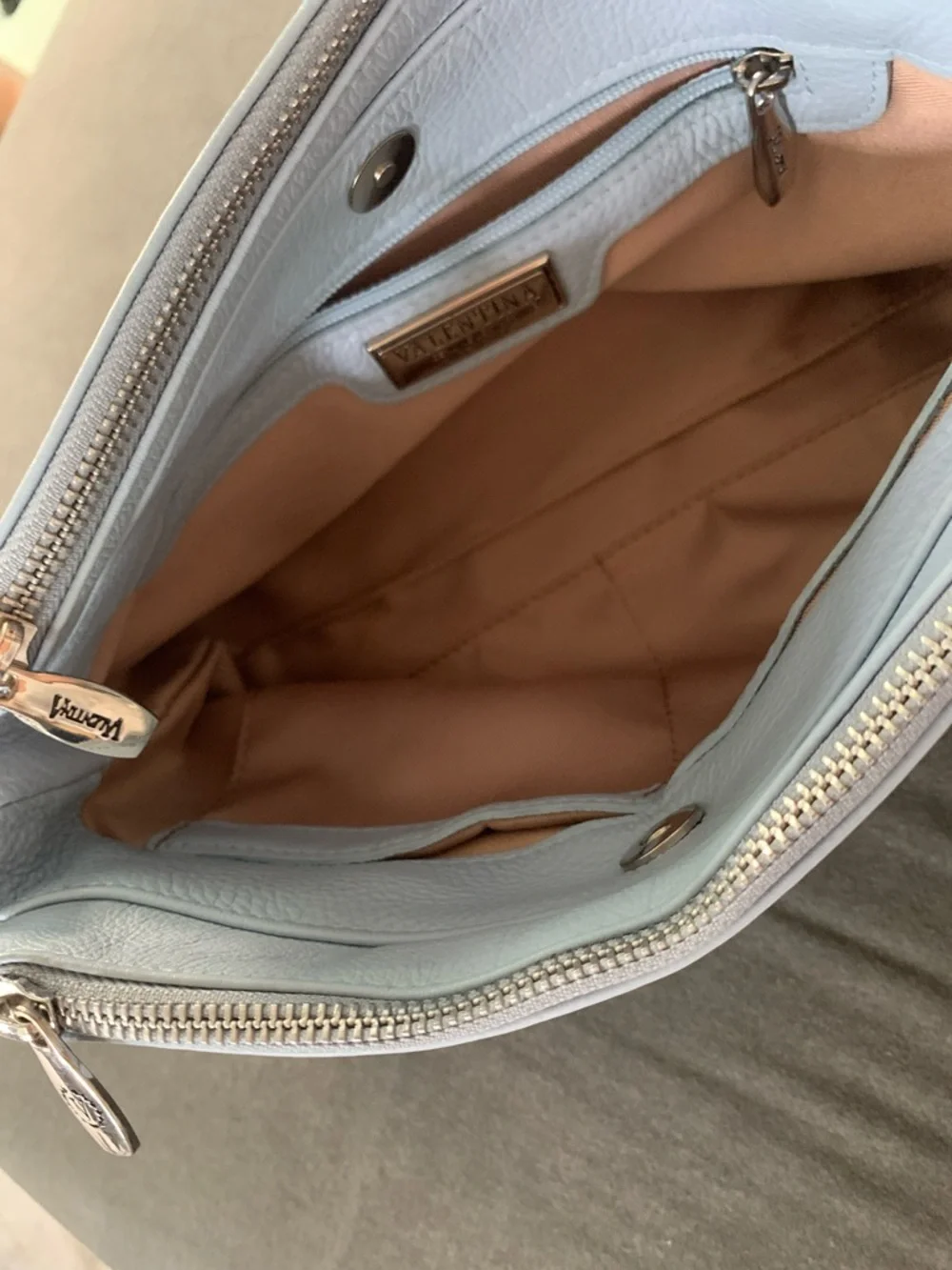 Valentina Light Blue Leather Crossbody with Tan Straps - Picture 5 of 7